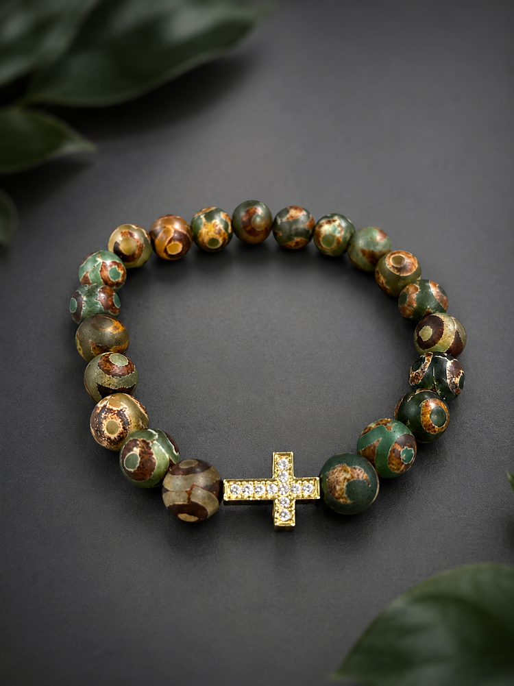 Tibetan Eagle Eye Agate Bracelet with 18K Gold-Plated CZ Cross – 7.5 Inches